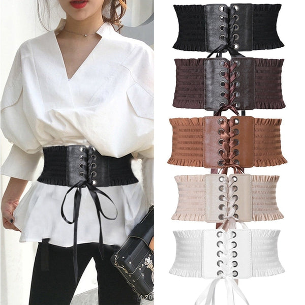 Women Ladies Soft PU Leather Wrap Around Tie Waistband Lace Up Eyelet Cotton Corset Belt Cinch Waist Wide Dress Belt