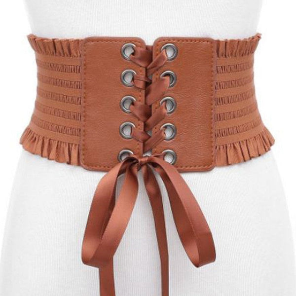 Women Ladies Soft PU Leather Wrap Around Tie Waistband Lace Up Eyelet Cotton Corset Belt Cinch Waist Wide Dress Belt