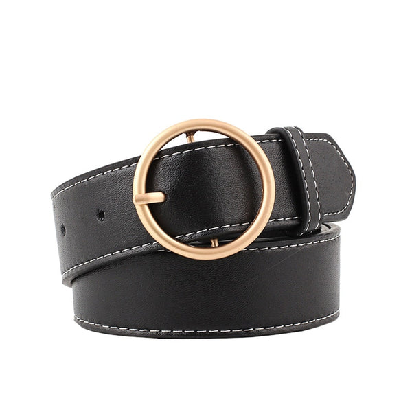 90-110x3.3cm Women's Belts Fashion Lady Design Gold Metal Round Buckle Belt Black Silver Strap Waist Belt For Women Jeans Cintos