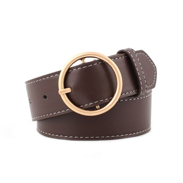 90-110x3.3cm Women's Belts Fashion Lady Design Gold Metal Round Buckle Belt Black Silver Strap Waist Belt For Women Jeans Cintos