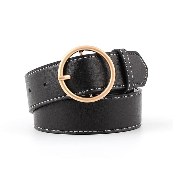 90-110x3.3cm Women's Belts Fashion Lady Design Gold Metal Round Buckle Belt Black Silver Strap Waist Belt For Women Jeans Cintos