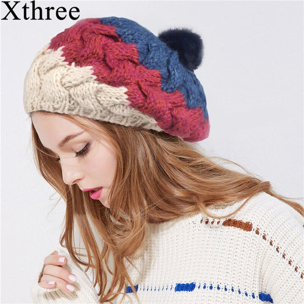 Xthree  women's hat knitted winter hat beret hat fashion beanie cap with rabbit fur pom pom