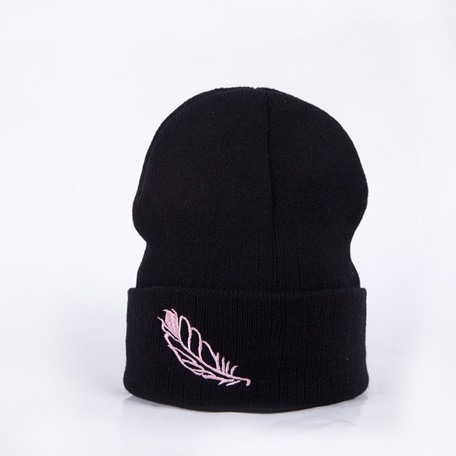 Soft Knitted Cap Female Women's Cotton Beanies for Girl Winter 2019 New Embroidery Leaf Warm Hats Solid Bonnet Autumn Skullies