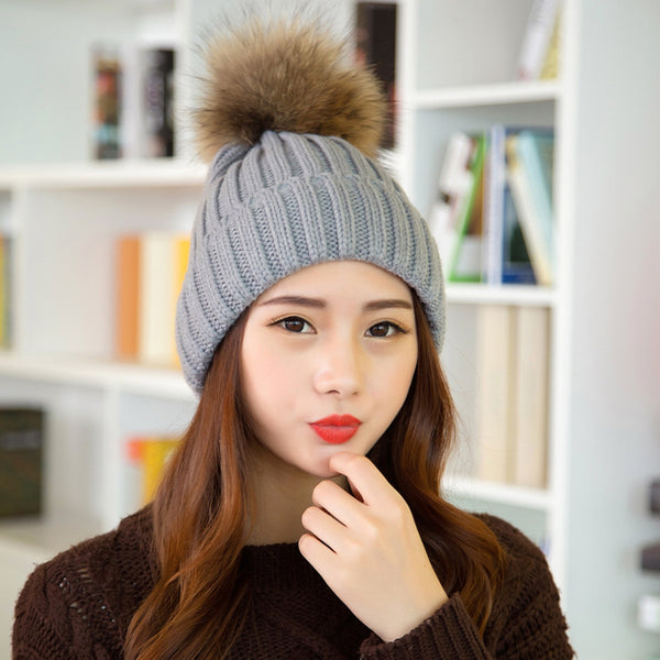 Fashion Women's Winter Warm Crochet Beanie Cap Rabbit Fur Pom Knit Skull Hat Gray Beautiful