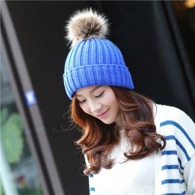 Fashion Women's Winter Warm Crochet Beanie Cap Rabbit Fur Pom Knit Skull Hat Gray Beautiful