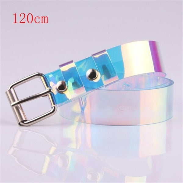 New Laser Women Belt Holographic Clear Waist Belt Metal Pin Buckle  Transparent Waist Belts for Women Belt Waistband 90cm-120cm