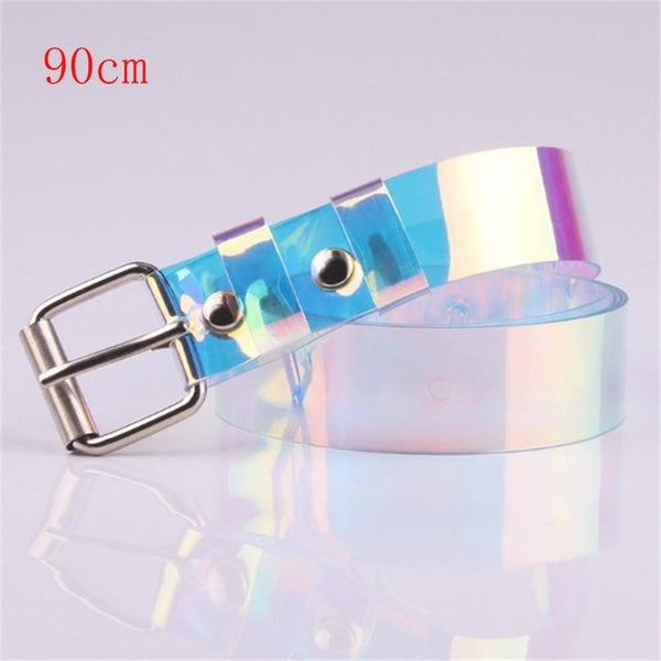 New Laser Women Belt Holographic Clear Waist Belt Metal Pin Buckle  Transparent Waist Belts for Women Belt Waistband 90cm-120cm