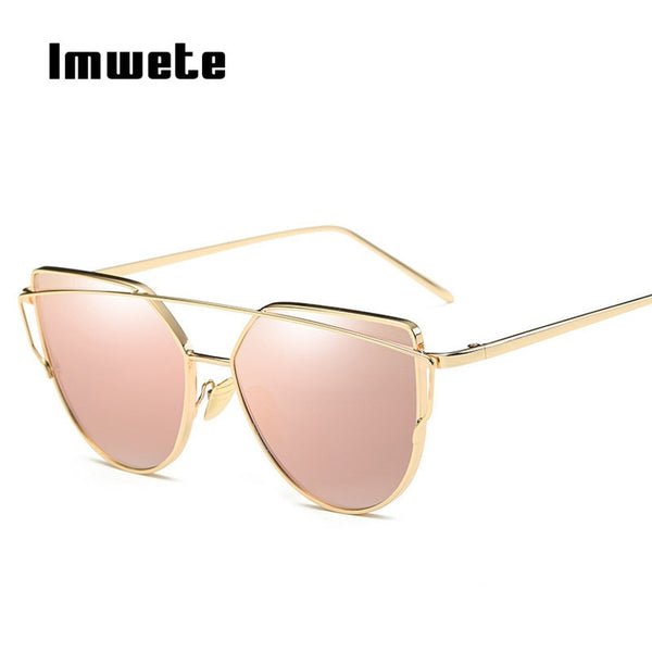 Imwete Women Cat Eye Sunglasses Metal Twin-Beams Sun Glasses Coating Mirror Glasses Classic Brand Designer Flat Panel Lens