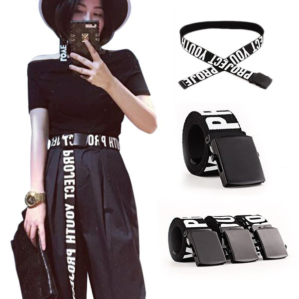 Woman Gothic Harajuku Street Belt Canvas Punk Letters Printed Decoration Loop Shaped Mental Buckle Jeans Waist Belt 2019 New