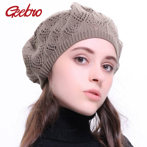 Geebro Women's Plain Color Knitted Breathable Beret Hat Casual Thin Acrylic Berets for Ladies French Artist Beret Hats