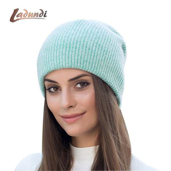 soft rabbit double knitting thick bonnet beanie caps solid warm winter hats for women's cap skullies beanies female hat