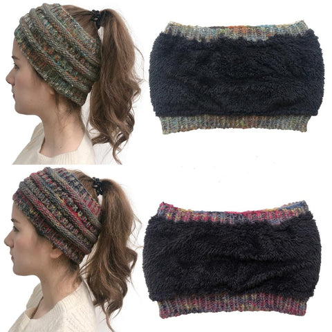 Women's Girls Stretch Knitted Wool Crochet Hats Caps Messy Bun Ponytail Beanie Holey Warm Hat Winter Warm Cap Beanies