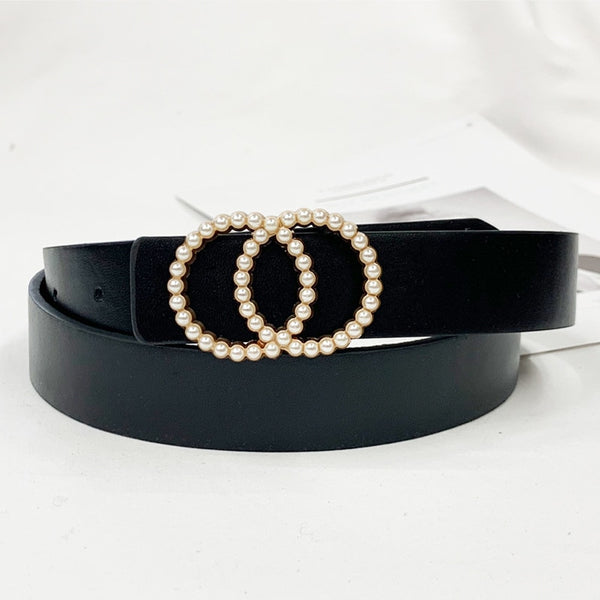 Leather belt women waist luxury black red belts for jeans dresses woman pearl studded buckle girls ladies fashion decorative