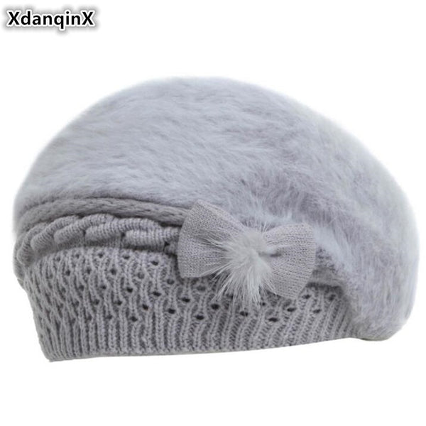 XdanqinX 2019 New Winter Thick Velvet Women's Warm Berets Fashion Elegant Female Hat Bow Headdress Decorated Rabbit Fur Hats