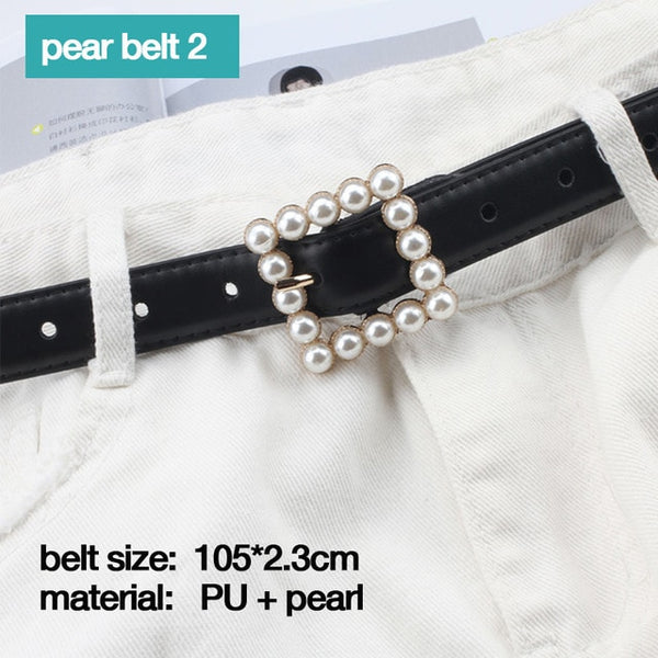 Leather belt women waist luxury black red belts for jeans dresses woman pearl studded buckle girls ladies fashion decorative