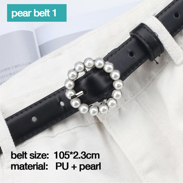 Leather belt women waist luxury black red belts for jeans dresses woman pearl studded buckle girls ladies fashion decorative