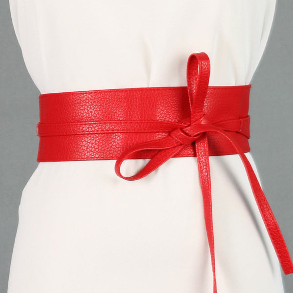 Spring Elegant Women Fashion Color Soft Faux Leather Wide Belt Self Tie Wrap Around Waist Band Dress Belt new