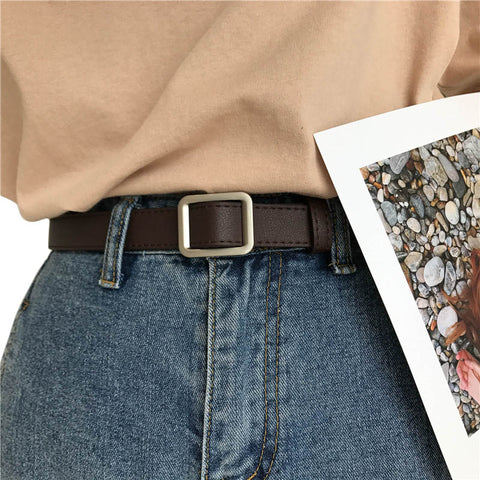 Belt without holes quare buckle retro Women Leather Belt Girl Imitation leather Vintage ladies Coffee color Fashion Waistband