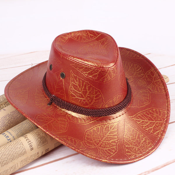 YOYOCORN  Pu leather men's American wind big western cowboy hat ladies knight hat outdoor visor unisex breathable cap