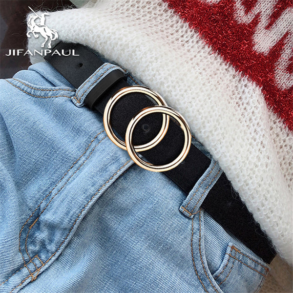 JIFANPAUL Genuine leather Women's alloy double ring buckle fashion adjustable belt retro punk ladies dress jeans student belts