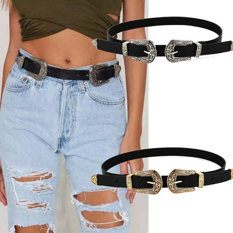 2019 Fashion Women Lady Boho Metal Leather Double Buckle Waist Belt Waistband high quality Belts for women female Leather Belt