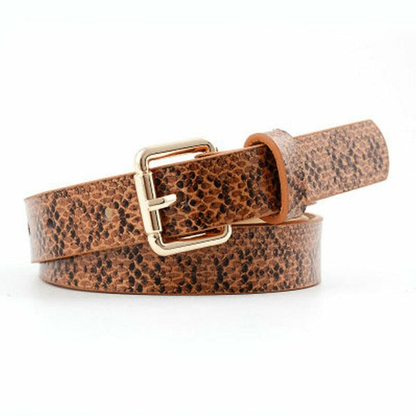 Womens Snake Printed Belt Lady Square Buckle Waistband Pants Girdle Charm Decor