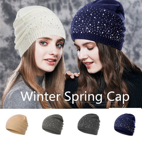 Diamond Dot Beanie Women's Beanies 2019 New Winter Spring Women Hat Snow White Hats Fashion Ladies Cap Elastic Girls Beanie