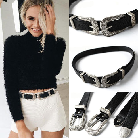 Fashion Womens Belts Vintage Boho Metal Leather Double Buckles Waist Belt Waistband Ladies Belt