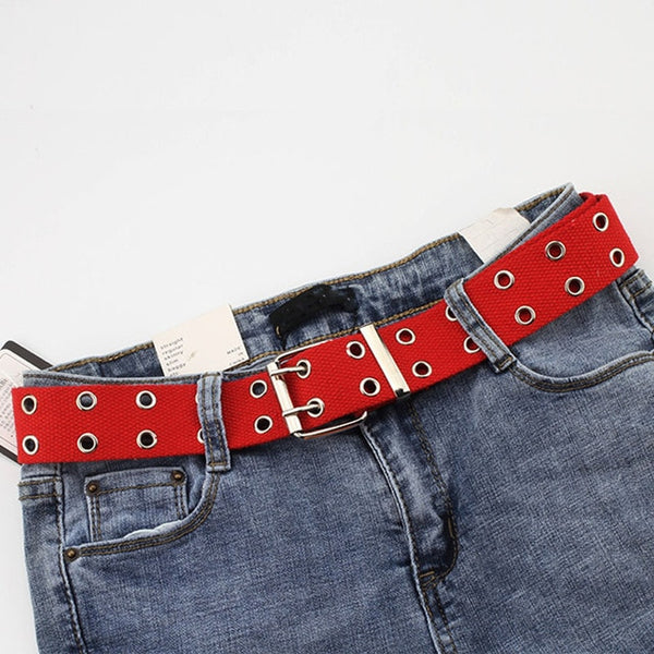 Fashion Wide Canvas Belts Casual Double Hollow Hole Buckle Belt Adjustable Solid Color Waist Strap For Women Men Students Jeans