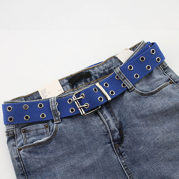 Fashion Wide Canvas Belts Casual Double Hollow Hole Buckle Belt Adjustable Solid Color Waist Strap For Women Men Students Jeans