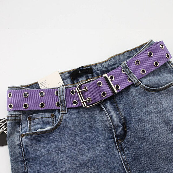 Fashion Wide Canvas Belts Casual Double Hollow Hole Buckle Belt Adjustable Solid Color Waist Strap For Women Men Students Jeans