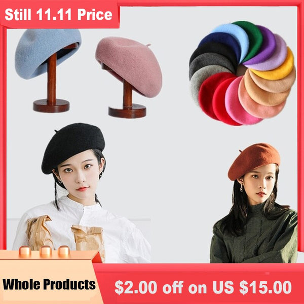 French Style Vintage Women's Beret Plain Cap Beanie Hat Girl's Wool Warm Winter Hat Beret Women Femme Hats Caps