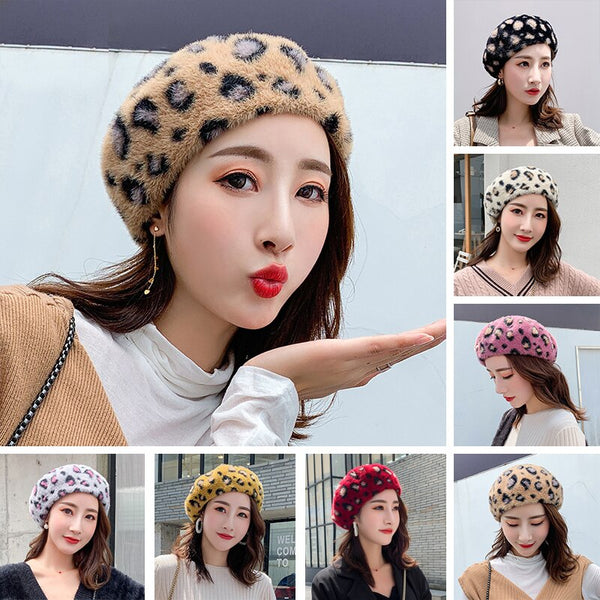 Winter Women Leopard Berets Faux Mink Fur Wool Knitting Fashion Print Cap Warm Thicken Bonnet Girls Women's Hat Cap Berets 2019