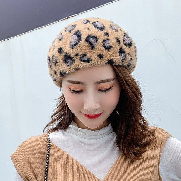 Winter Women Leopard Berets Faux Mink Fur Wool Knitting Fashion Print Cap Warm Thicken Bonnet Girls Women's Hat Cap Berets 2019