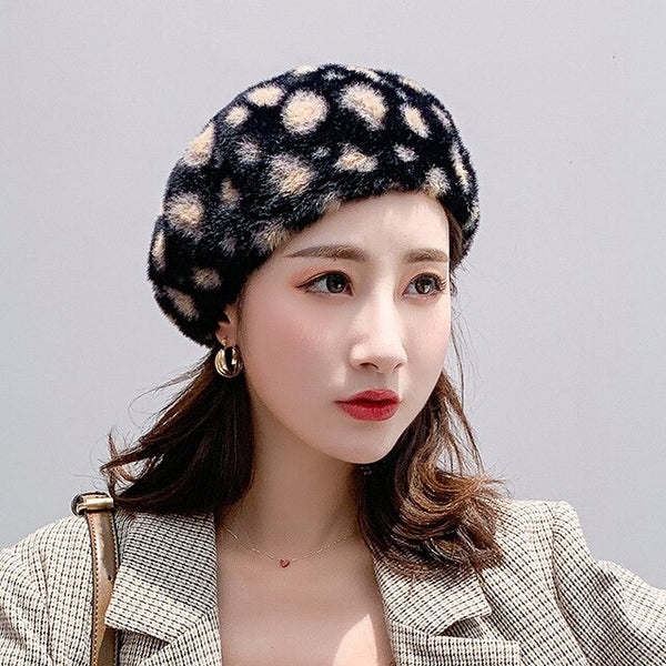 Winter Women Leopard Berets Faux Mink Fur Wool Knitting Fashion Print Cap Warm Thicken Bonnet Girls Women's Hat Cap Berets 2019