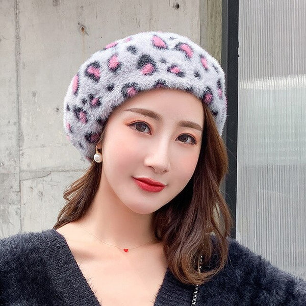 Winter Women Leopard Berets Faux Mink Fur Wool Knitting Fashion Print Cap Warm Thicken Bonnet Girls Women's Hat Cap Berets 2019