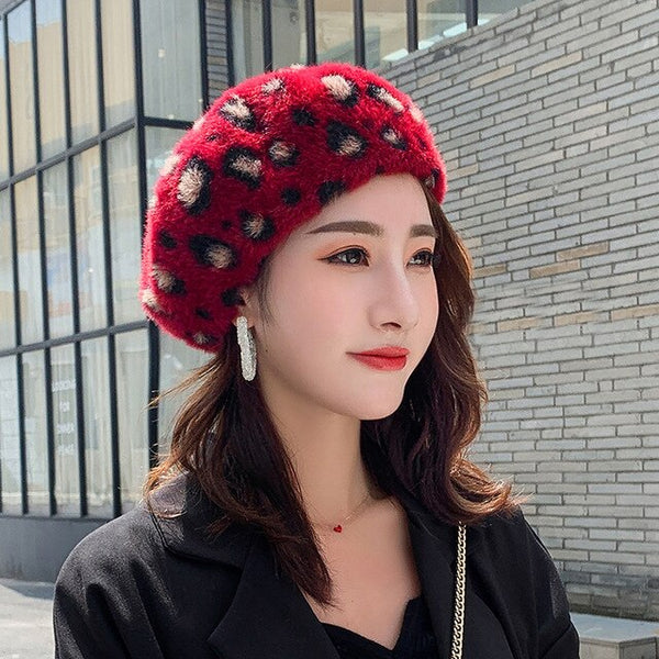 Winter Women Leopard Berets Faux Mink Fur Wool Knitting Fashion Print Cap Warm Thicken Bonnet Girls Women's Hat Cap Berets 2019