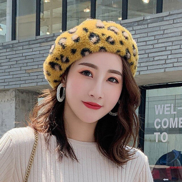 Winter Women Leopard Berets Faux Mink Fur Wool Knitting Fashion Print Cap Warm Thicken Bonnet Girls Women's Hat Cap Berets 2019