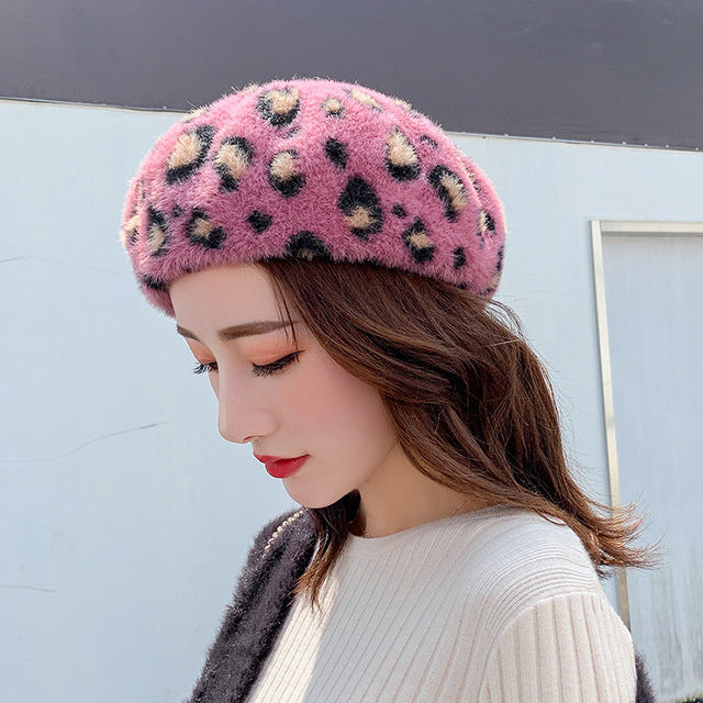 Winter Women Leopard Berets Faux Mink Fur Wool Knitting Fashion Print Cap Warm Thicken Bonnet Girls Women's Hat Cap Berets 2019