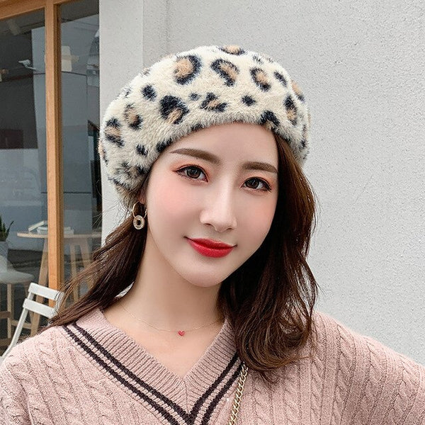 Winter Women Leopard Berets Faux Mink Fur Wool Knitting Fashion Print Cap Warm Thicken Bonnet Girls Women's Hat Cap Berets 2019