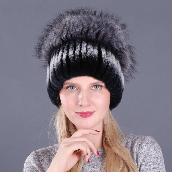 Women's Genuine Rex Rabbit Fur Hats Winter Rex Rabbit Fur Beanies Striped Head Top Flower Faux Fox Fur Warm Real Fur Knit Caps