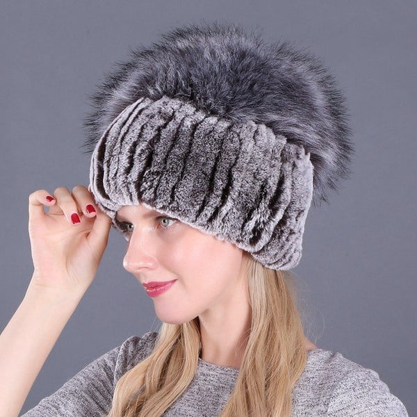 Women's Genuine Rex Rabbit Fur Hats Winter Rex Rabbit Fur Beanies Striped Head Top Flower Faux Fox Fur Warm Real Fur Knit Caps