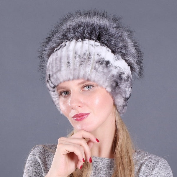 Women's Genuine Rex Rabbit Fur Hats Winter Rex Rabbit Fur Beanies Striped Head Top Flower Faux Fox Fur Warm Real Fur Knit Caps