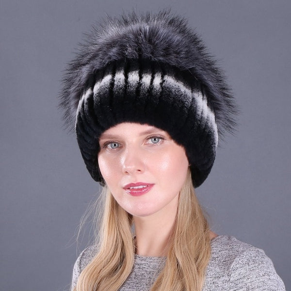 Women's Genuine Rex Rabbit Fur Hats Winter Rex Rabbit Fur Beanies Striped Head Top Flower Faux Fox Fur Warm Real Fur Knit Caps