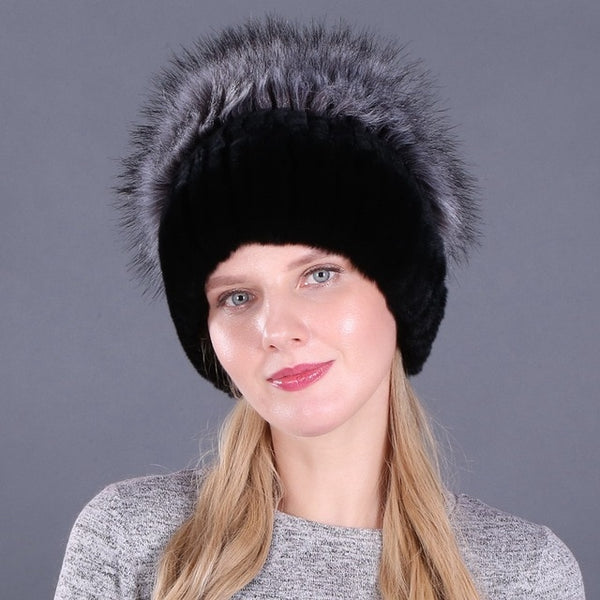 Women's Genuine Rex Rabbit Fur Hats Winter Rex Rabbit Fur Beanies Striped Head Top Flower Faux Fox Fur Warm Real Fur Knit Caps