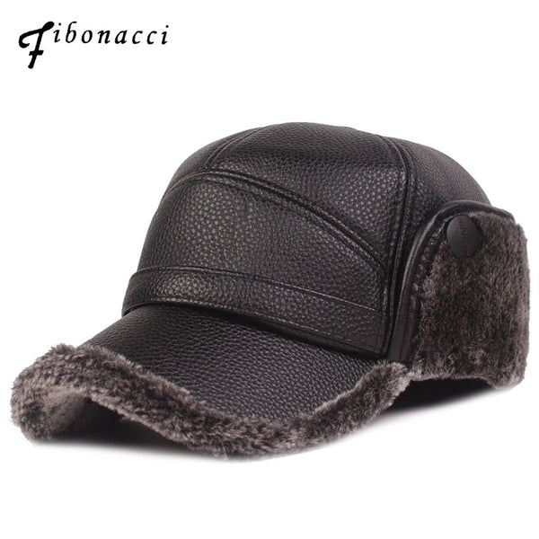 Fibonacci 2019 New Classic men's winter hat warm ear protection plus velvet thick middle aged elderly leather baseball cap