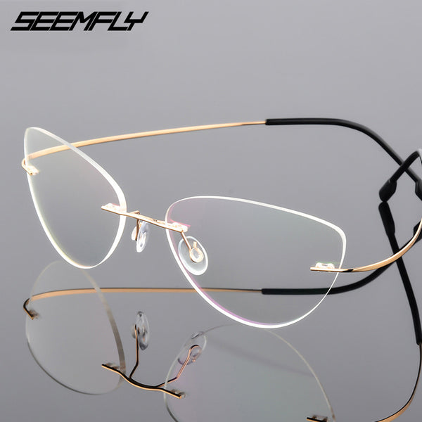 SEEMFLY Cat Eye Frameless Glasses Frame Women Men Rimless Eyeglasses Female Male Anti Blue Light Eyewear Unisex Metal Spectacles