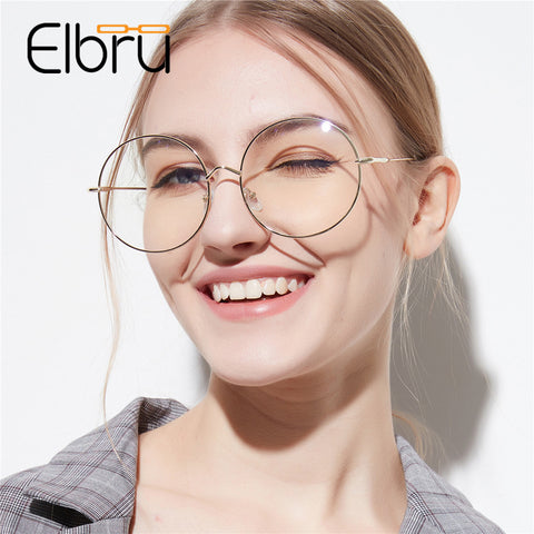 Elbru Overside Metal Round Eyewear Frame Women Hign Quality Optical Eye Glasses Frame Female Fashion Spectacles Glass Clear Lens