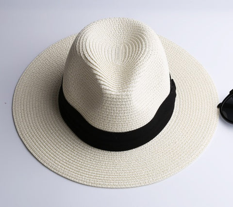 LNPBD Summer fashion white flat brim wide brim women's strawhat women's jazz fedoras hat sun-shading hat beach cap summer