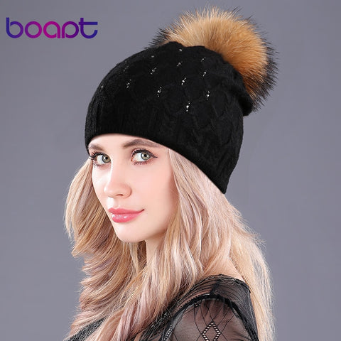 [boapt] diamond crystal double-deck knited rabbit hats women's winter cap female hat natural raccoon fur pompons caps beanies